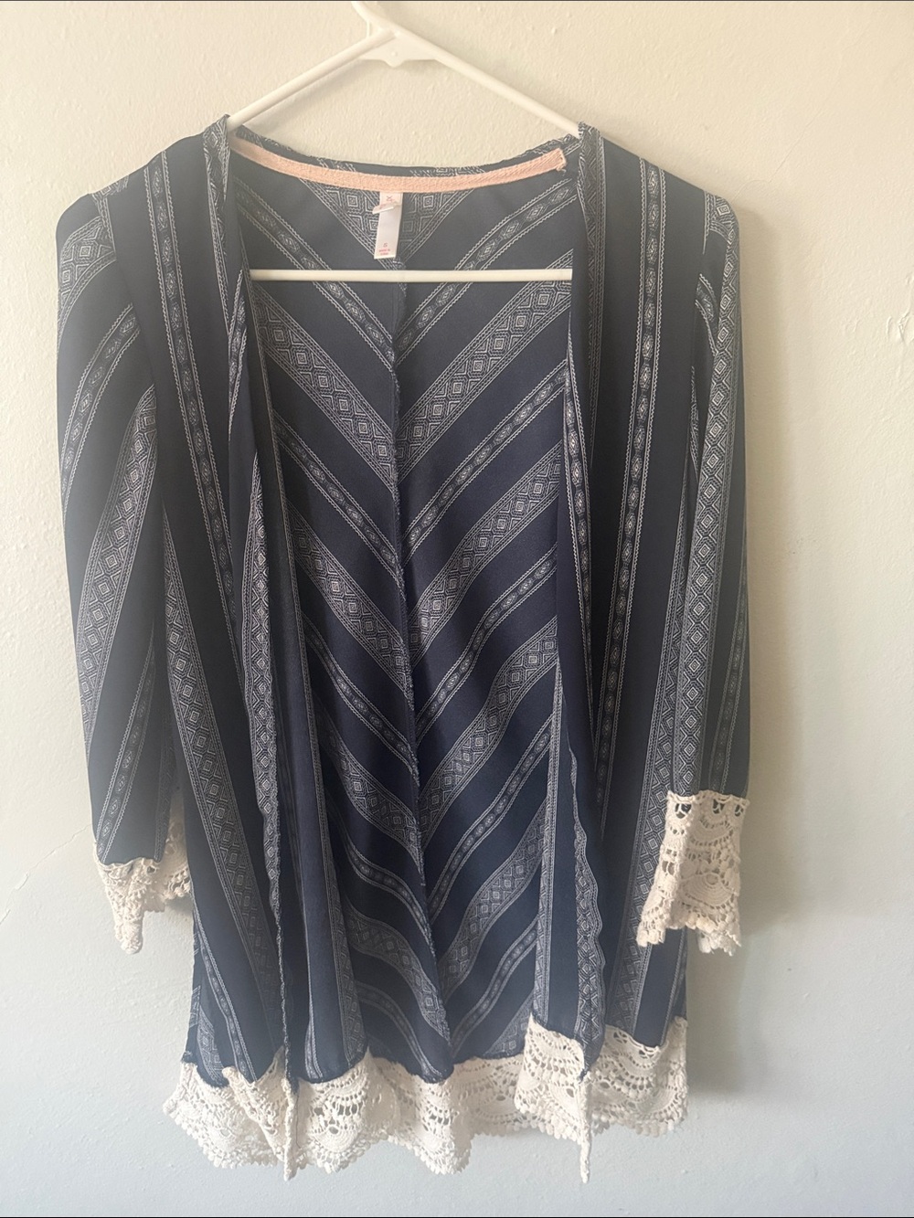 Xhilaration Navy Striped Open-Front Sweater with Cream Lace Trim